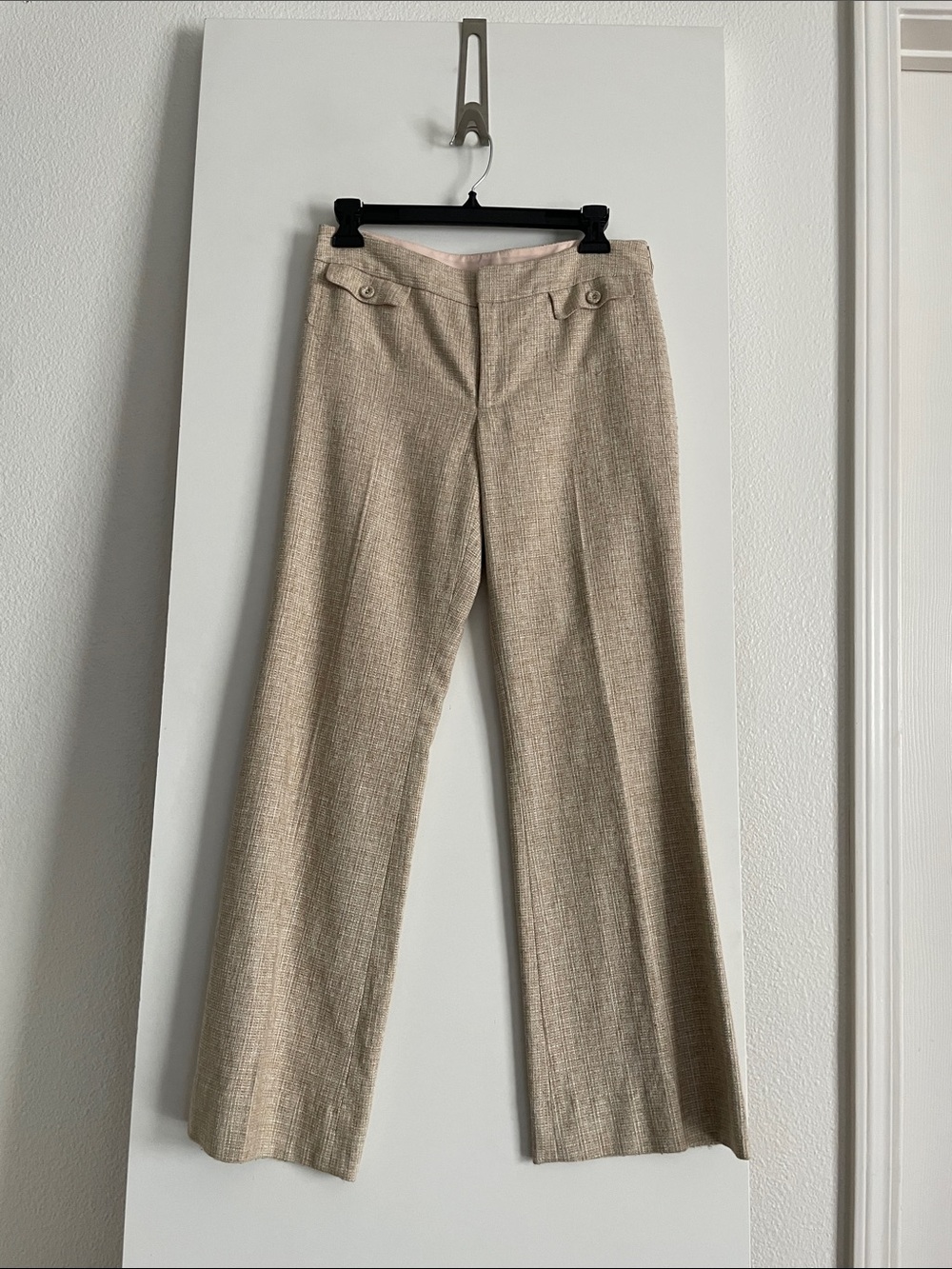 Lightweight Tan Cotton Tweed Mid Rise Straight Leg Dress Trousers Pants